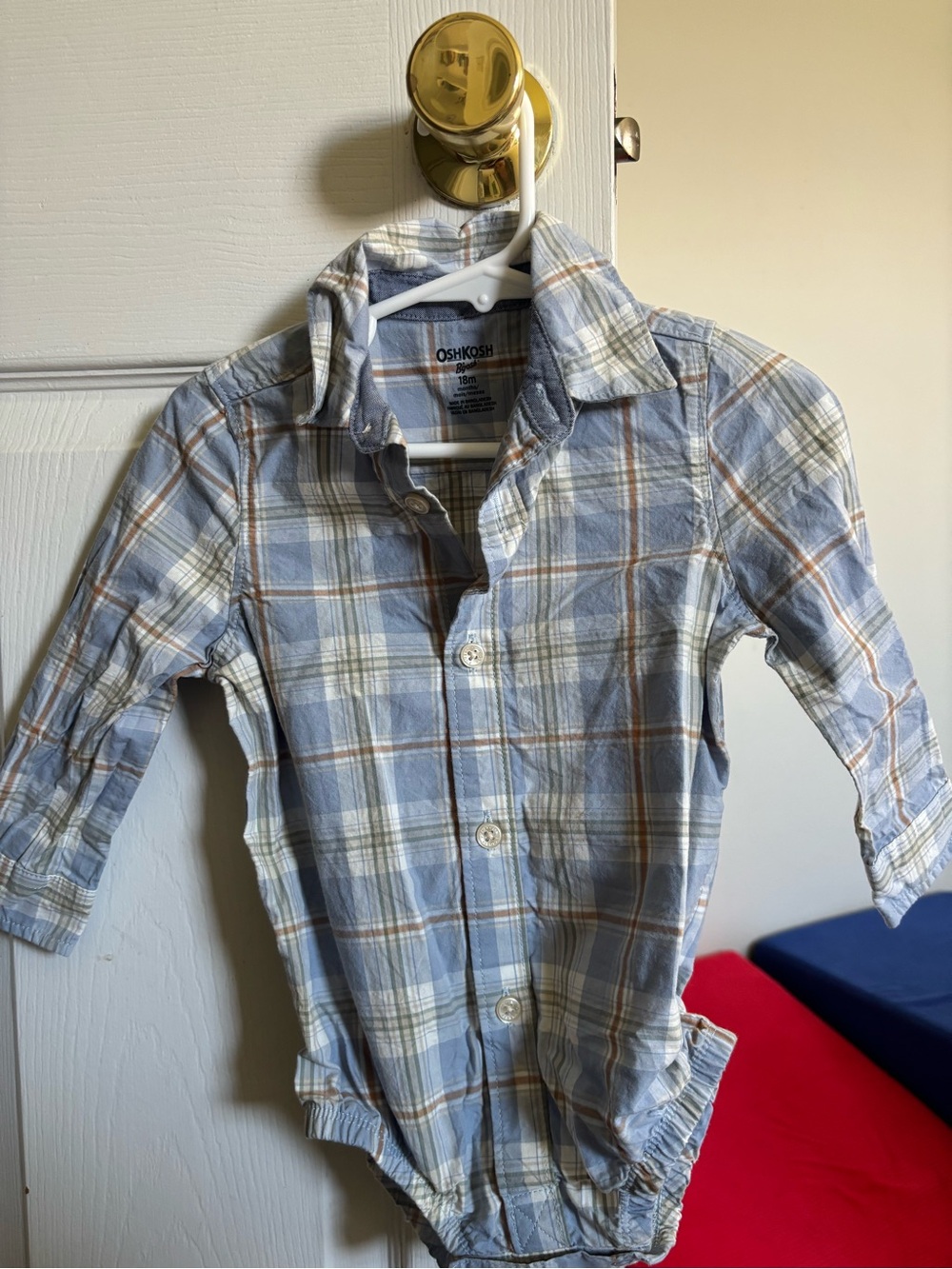 OshKosh B'gosh Light Blue and White Plaid Button-Down Bodysuit